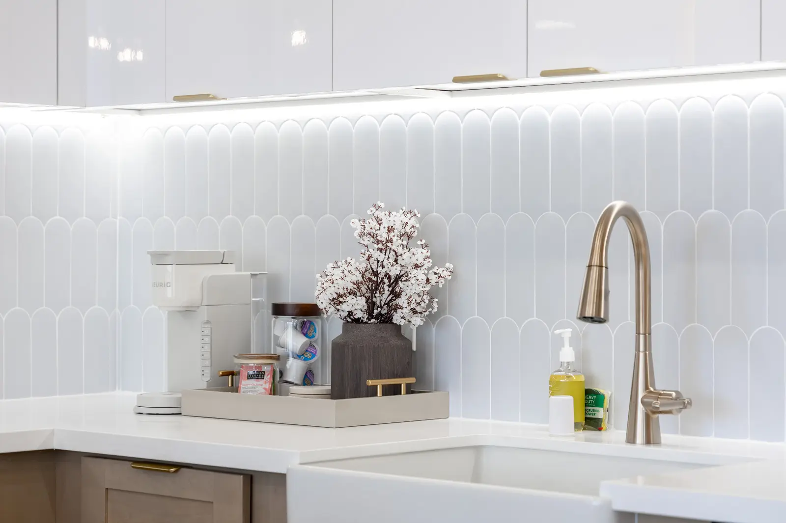 Guest amenities arranged in a bright vacation rental kitchen